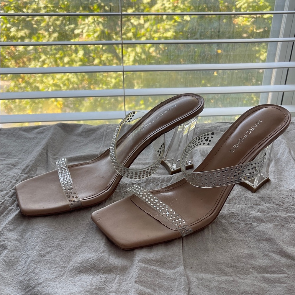 Marc Fisher Silver and Clear Strap Heels